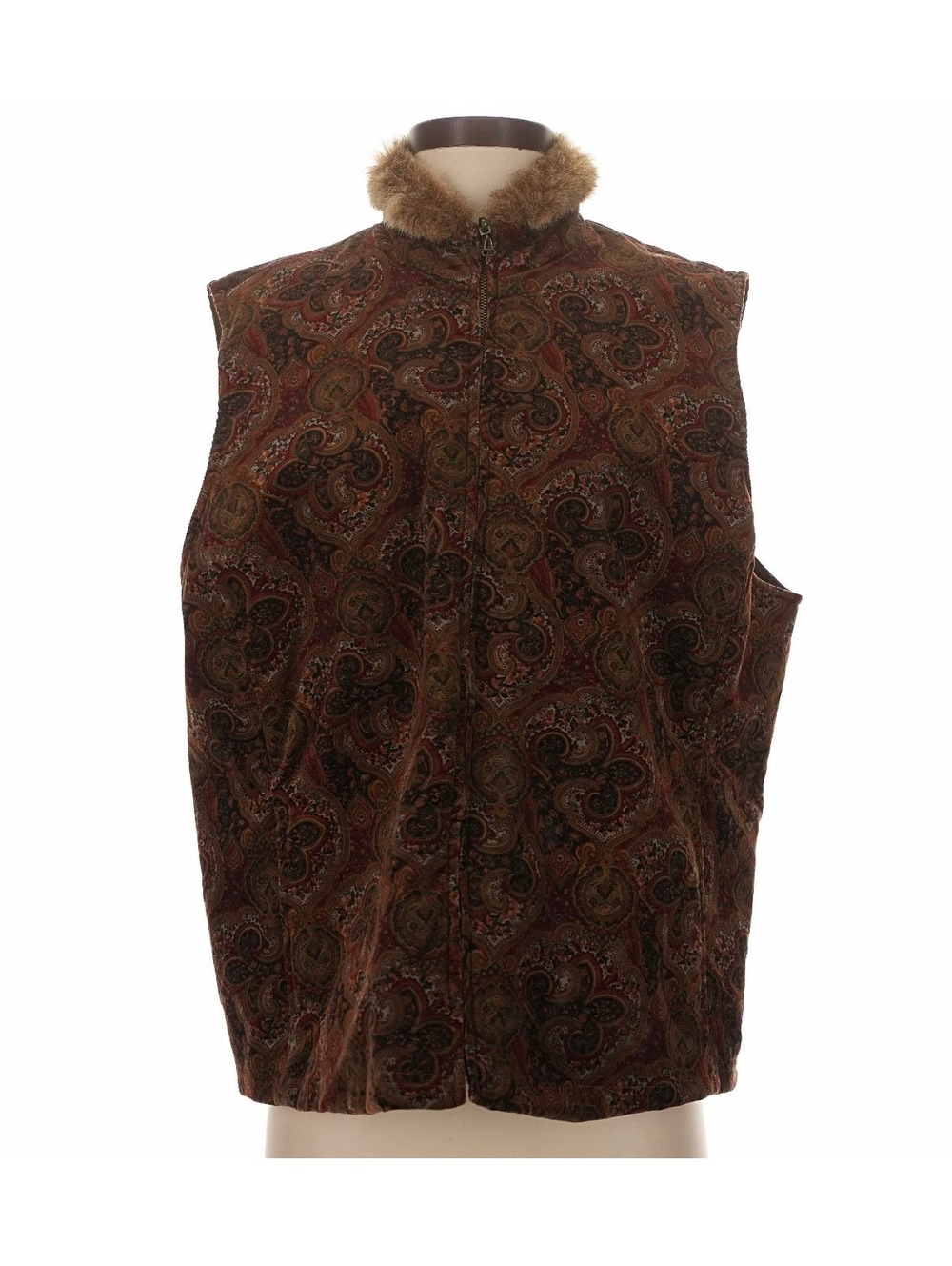 Vintage Napa Valley Woman Paisley Corduroy Vest Faux Fur Collar Full Zip Fall